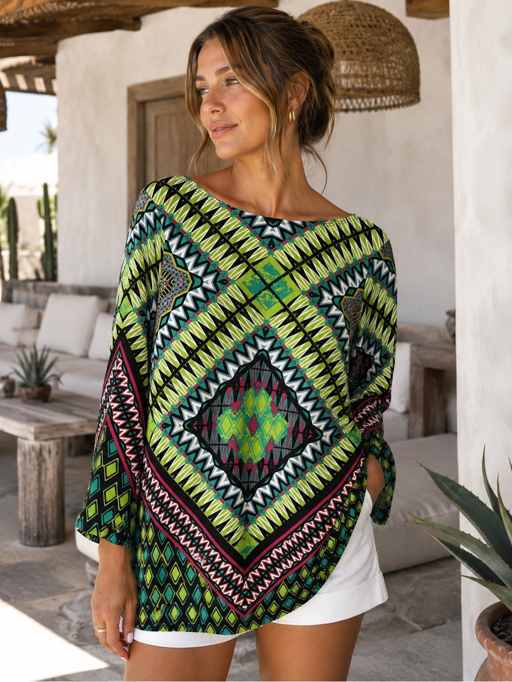 Sunny Leigh Top Tunic Small Spandex Patterned Geometric Stretch Colorful